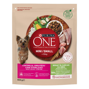 Hrana uscata caini, Purina One Mini, punga 800 g, talie mica, adult, carne de curcan si orez
