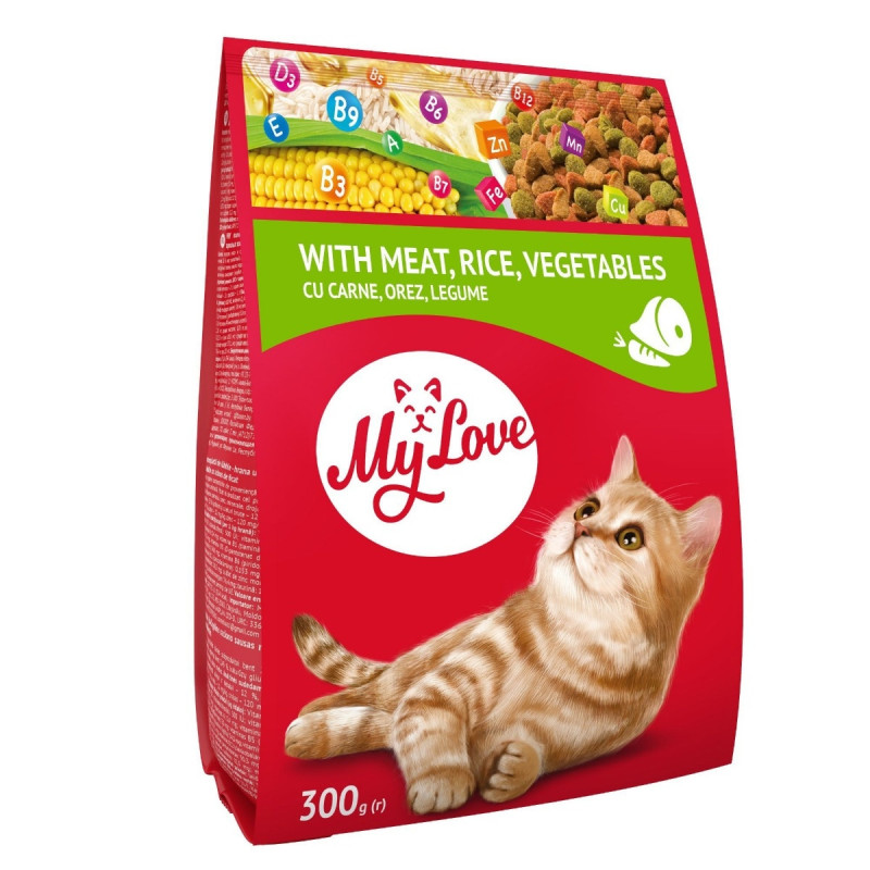 Hrana uscata pentru pisici, My Love, adult, mix de carne, orez si legume, 300 g