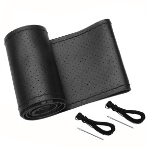 Husa volan auto piele naturala, cu snur, neagra, D 38 cm