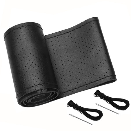 Husa volan auto piele naturala, cu snur, neagra, D 38 cm