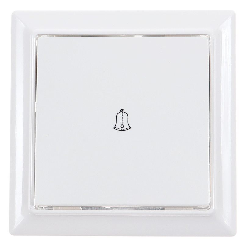Intrerupator cu revenire si simbol sonerie Hoff Soft, incastrat, rama inclusa, 10A, 86 x 86 mm, alb