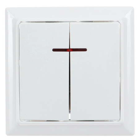 Intrerupator dublu cu indicator luminos Hoff Soft, incastrat, rama inclusa, 10A, 86 x 86 mm, alb
