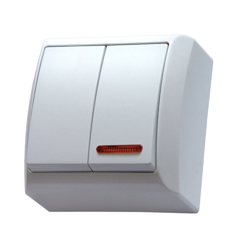 Intrerupator dublu cu indicator luminos Ospel Bis LN-2BS, aparent, rama inclusa, alb