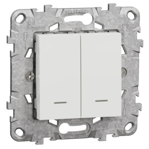 Intrerupator dublu cu indicator luminos Schneider Electric Noua Unica NU521118NZ, incastrat, 10A, alb