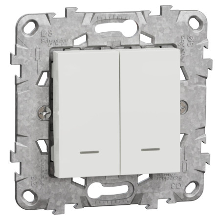 Intrerupator dublu cu indicator luminos Schneider Electric Noua Unica NU521118NZ, incastrat, 10A, alb