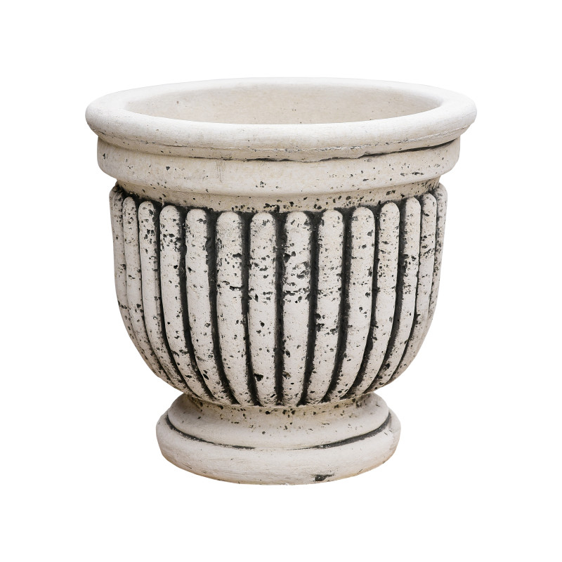 Jardiniera din beton + piatra Forli, exterior, model cupa medie, rotunda, alb patinat, 42 x 38 cm