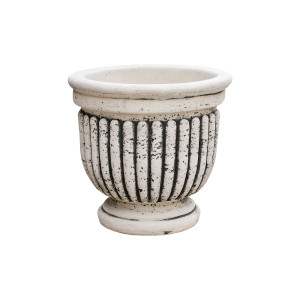 Jardiniera din beton + piatra Forli, exterior, model mic, rotunda, alb patinat, 33 x 34 cm