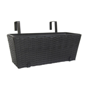 Jardiniera din plastic 7390500, cu suport, pentru balustrada, finisaj ratan sintetic, interior / exterior, dreptunghiulara, negr