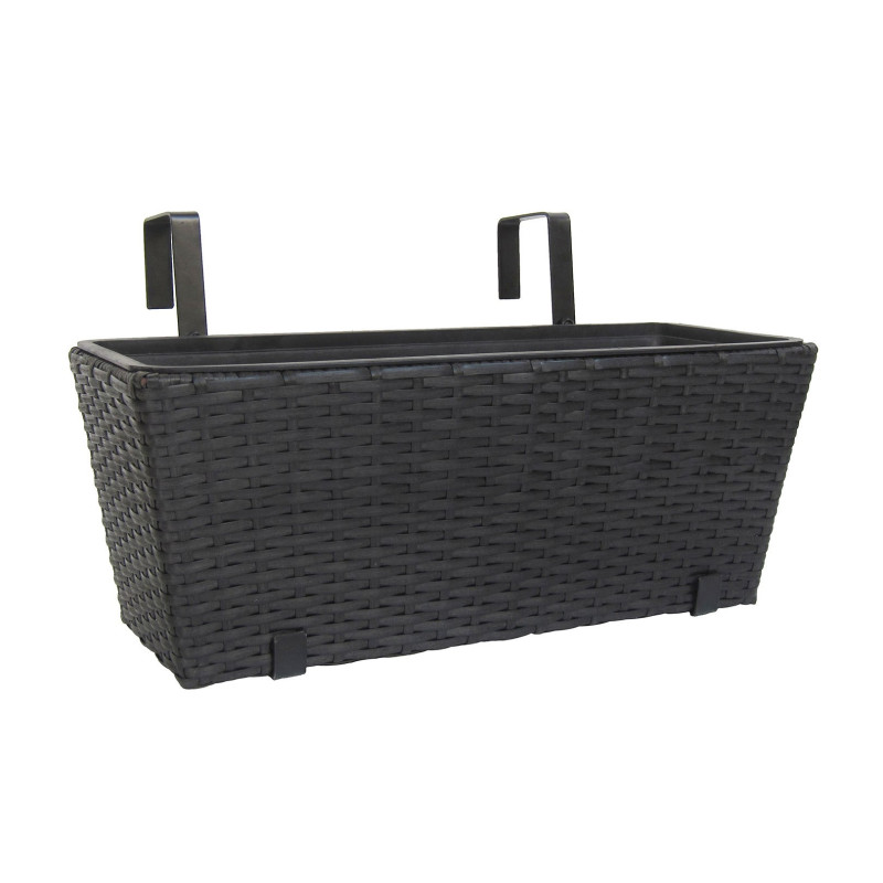 Jardiniera din plastic 7390500, cu suport, pentru balustrada, finisaj ratan sintetic, interior / exterior, dreptunghiulara, negr