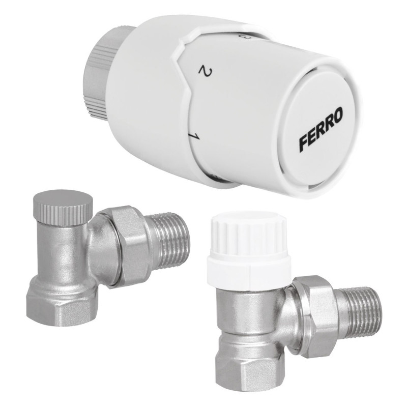 Kit robinet calorifer termostatat + robinet calorifer retur + cap termostat Ferro, alama, 1/2"