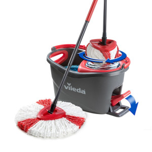 Mop rotativ microfibra Vileda Easy Wring Turbo + coada telescopica + galeata + pedala cu sistem stoarcere 360 + orificiu scurger