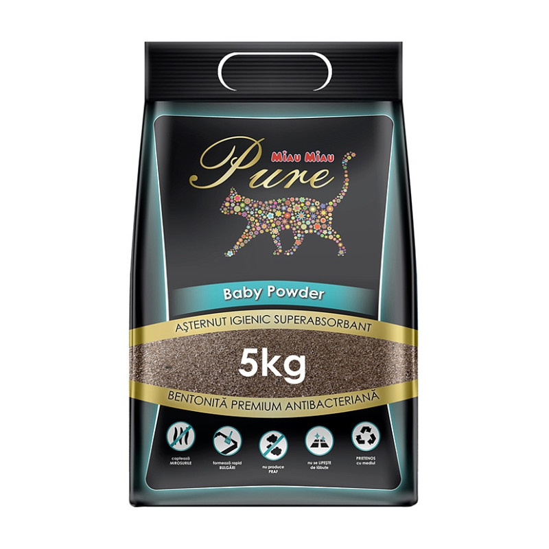 Nisip pisici, bentonita, Miau Miau Pure, pudra pentru bebelusi, 5 kg