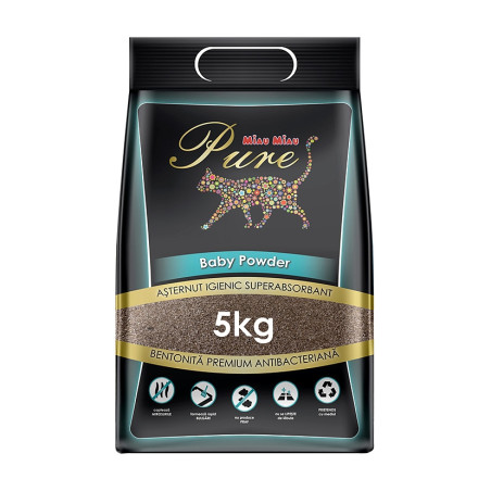 Nisip pisici, bentonita, Miau Miau Pure, pudra pentru bebelusi, 5 kg