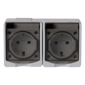 Priza dubla Lohuis AG, aparenta, cu capac, contact de protectie, 16A, IP44, alb + gri
