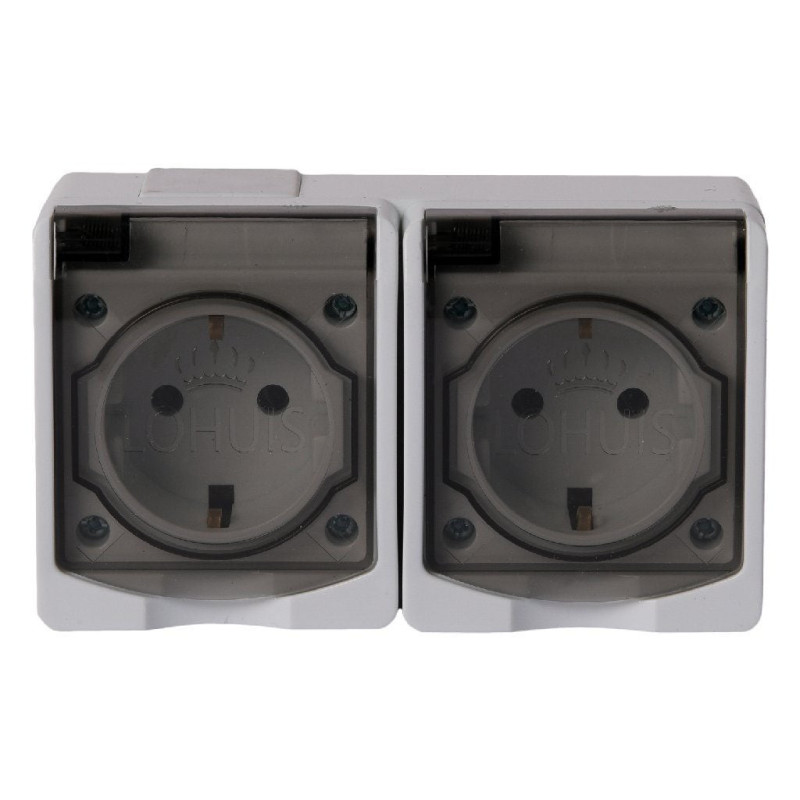 Priza dubla Lohuis AG, aparenta, cu capac, contact de protectie, 16A, IP44, alb + gri