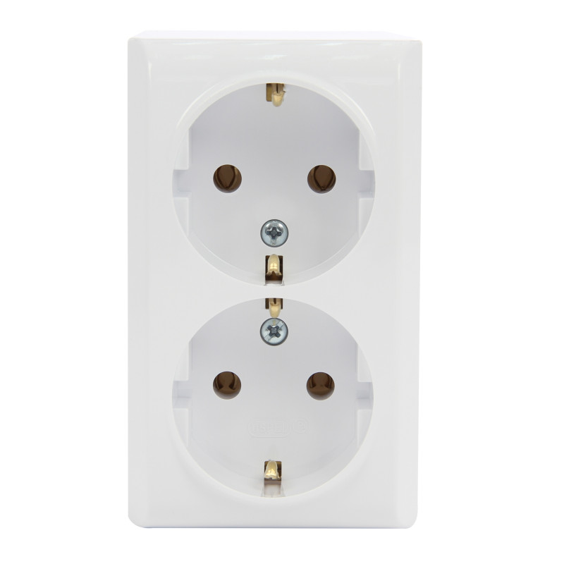 Priza dubla Ospel Bis GN-2BS, aparenta, rama inclusa, contact de protectie, alba