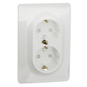 Priza dubla Schneider Electric Noua Unica NU206718, incastrata, contact de protectie, protectie copii, rama inclusa, 2P+E, 16A, 
