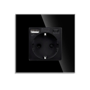 Priza Luxion LXD-MP010UG-B simpla schuko + USB A + USB C, rama din sticla inclusa, incastrata, neagra