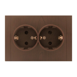 Priza schuko dubla Comtec Anemon, incastrata, rama inclusa, contact de protectie, stejar