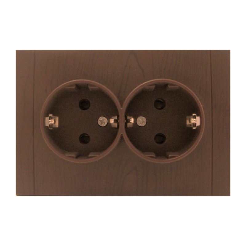 Priza schuko dubla Comtec Anemon, incastrata, rama inclusa, contact de protectie, stejar