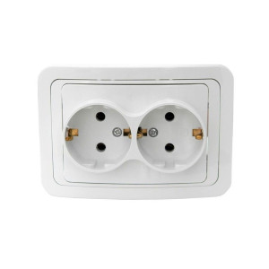 Priza schuko dubla Comtec Eco Premium MF0012-06043, incastrata, rama inclusa, contact de protectie, alba