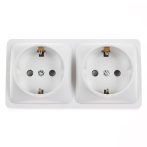 Priza schuko dubla Hoff Mini, aparenta, contact de protectie, 10A, alba