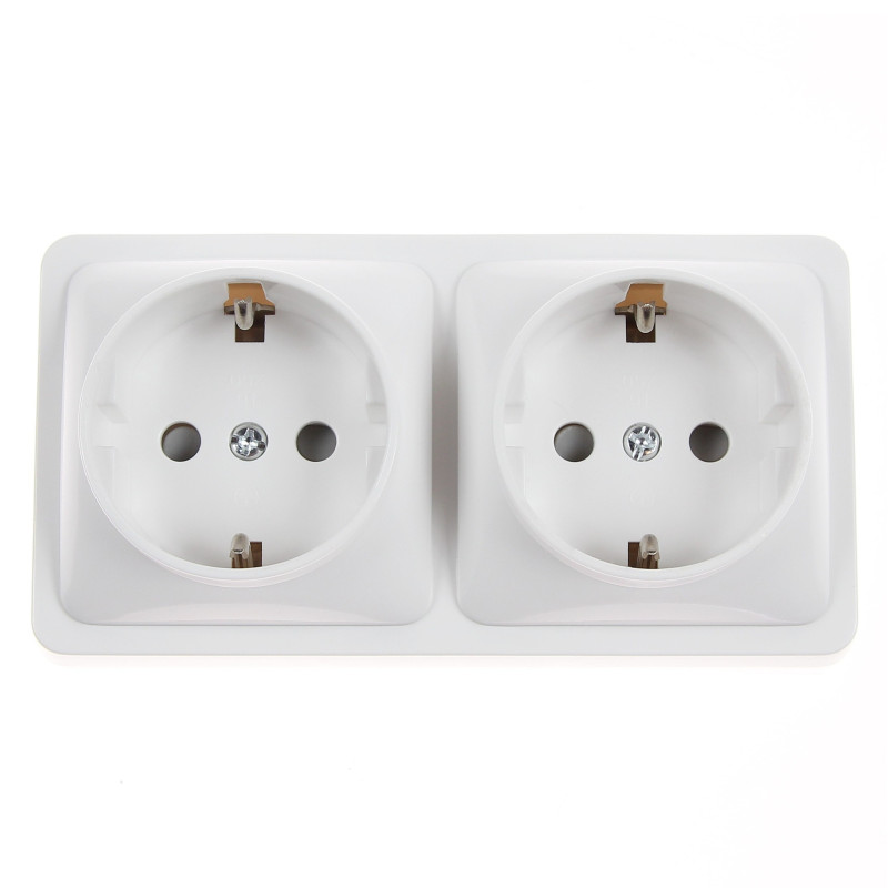 Priza schuko dubla Hoff Mini, aparenta, contact de protectie, 10A, alba