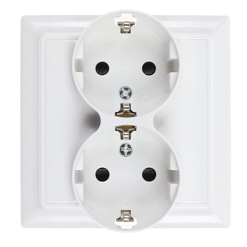 Priza schuko dubla Hoff Soft, incastrata, contact de protectie, 16A, alba