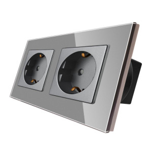 Priza schuko dubla Luxion LXD-2MP010G-GY, incastrat, contact de protectie, rama din sticla inclusa, gri