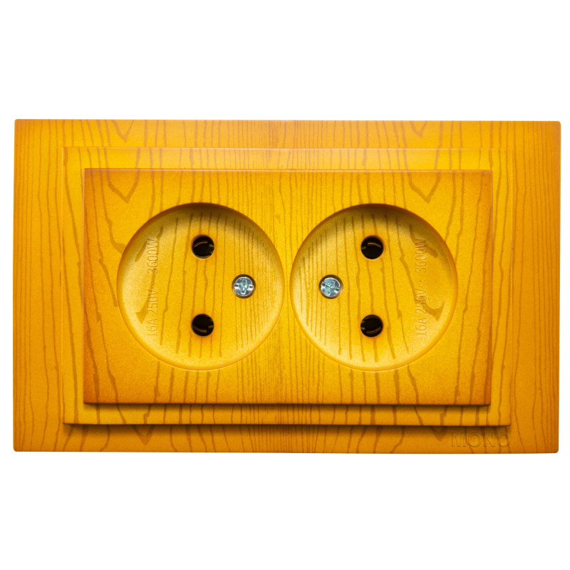 Priza schuko dubla Mono Electric Larissa, incastrata, rama inclusa, stejar