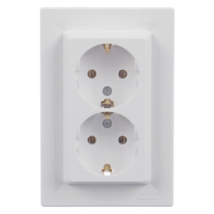 Priza schuko dubla Schneider Electric Asfora EPH9900121, incastrata, rama inclusa, contact de protectie, alba