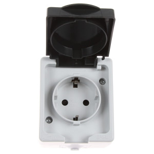 Priza schuko simpla Hoff Cubik, aparenta, cu capac, contact de protectie, protectie copii, 16A, IP54, gri + negru