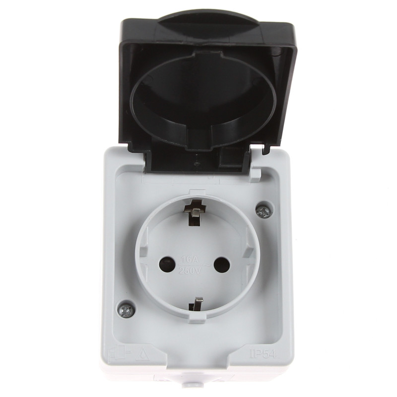 Priza schuko simpla Hoff Cubik, aparenta, cu capac, contact de protectie, protectie copii, 16A, IP54, gri + negru