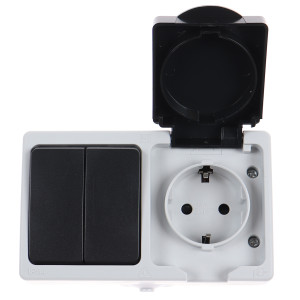 Priza schuko simpla + intrerupator dublu Hoff Cubik, cu capac, aparenta, contact de protectie, 16A, IP54, gri + negru