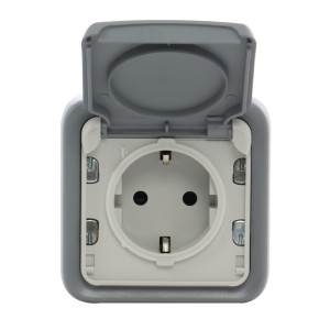Priza schuko simpla Legrand Plexo 069733, aparenta, cu rama, cu capac, contact de protectie, gri