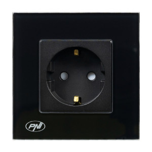 Priza schuko simpla PNI-WP101B, incastrata, contact de protectie, rama din sticla inclusa, neagra