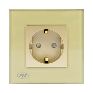 Priza schuko simpla PNI-WP101G, incastrata, contact de protectie, rama din sticla inclusa, aurie