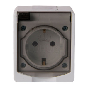 Priza simpla Lohuis AG, aparenta, cu capac, contact de protectie, 16A, IP44, alb + gri