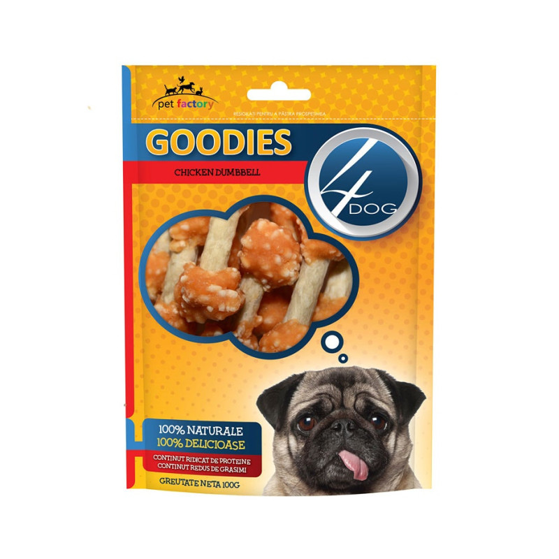 Recompensa caini / hrana complementara, 4 Dog Goodies Chicken Dumbbells, punga 100 g, toate taliile, toate varstele, carne de pu Recompensa caini / hrana complementara, 4 Dog Goodies Chicken Dumbbells, punga 100 g, toate taliile, toate varstele, carne de pu