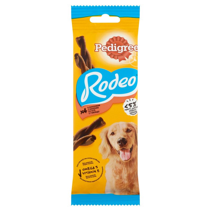 Recompensa caini / hrana complementara, Pedigree Rodeo, punga 4 bucati, 70 g, toate taliile, adult, carne de vita