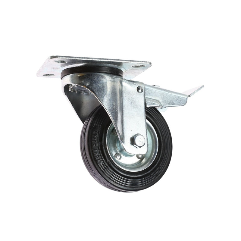 Roata pivotanta, din cauciuc, cu frana, cu placa, 100 mm, 70 kg