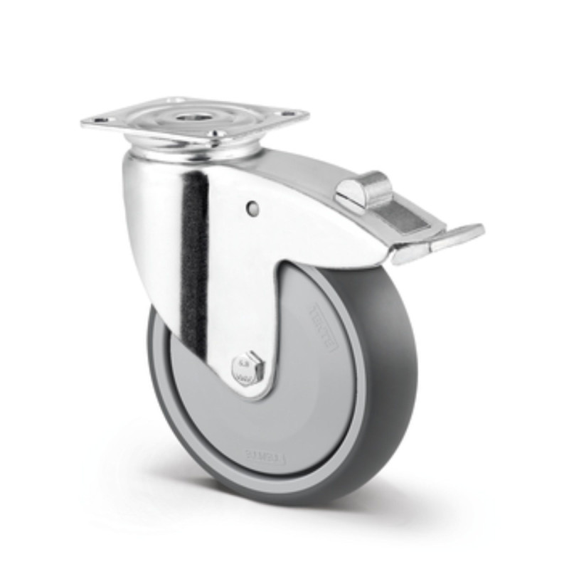 Roata pivotanta, pentru carucior, din cauciuc, cu frana, Tente 2477-PJP125-P50, cu placa, 125 mm, 100 kg