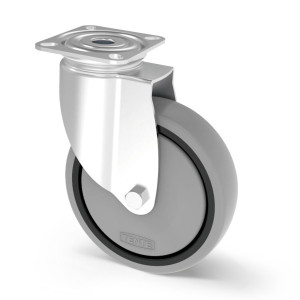 Roata pivotanta pentru carucior, din polipropilena/cauciuc gri, fara frana, cu placa, Tente 2470PJP125P50, 125 mm, 125 kg