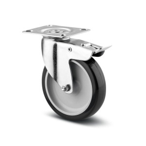 Roata pivotanta pentru carucior / mobila, din polipropilena + cauciuc, cu frana, cu placa, 75 mm, 60 kg