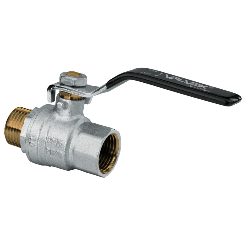 Robinet de trecere cu bila Valvex Tryton, alama nichelata, filet interior-exterior, DN 20, PN 40, cu maneta otel