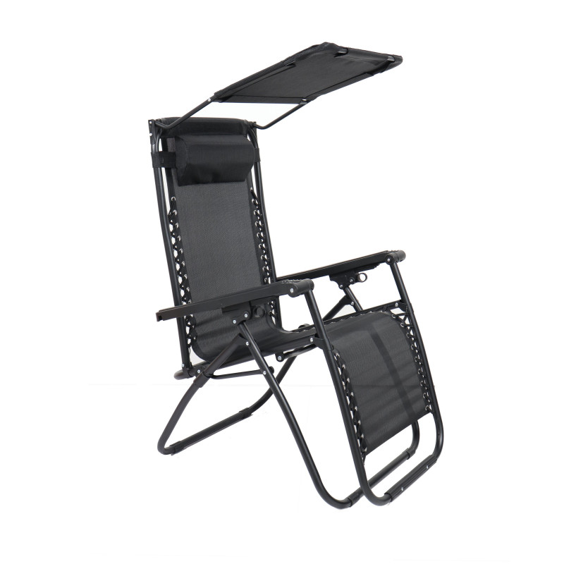Scaun camping, pliant Relax, structura metalica, cu protectie solara, negru, 173 x 109 cm