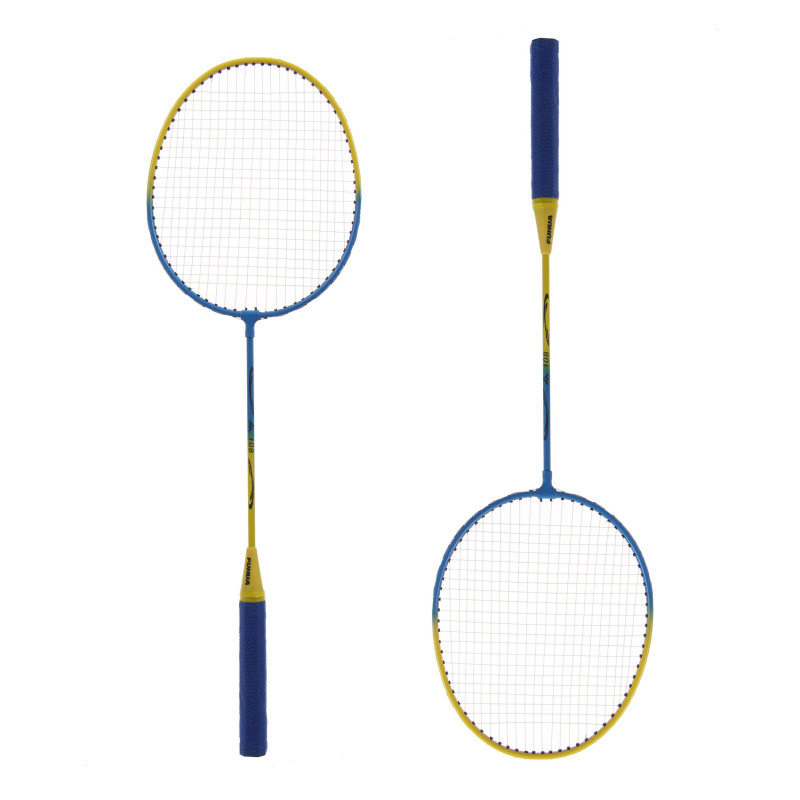 Set badminton, 2 palete, husa, galben + albastru