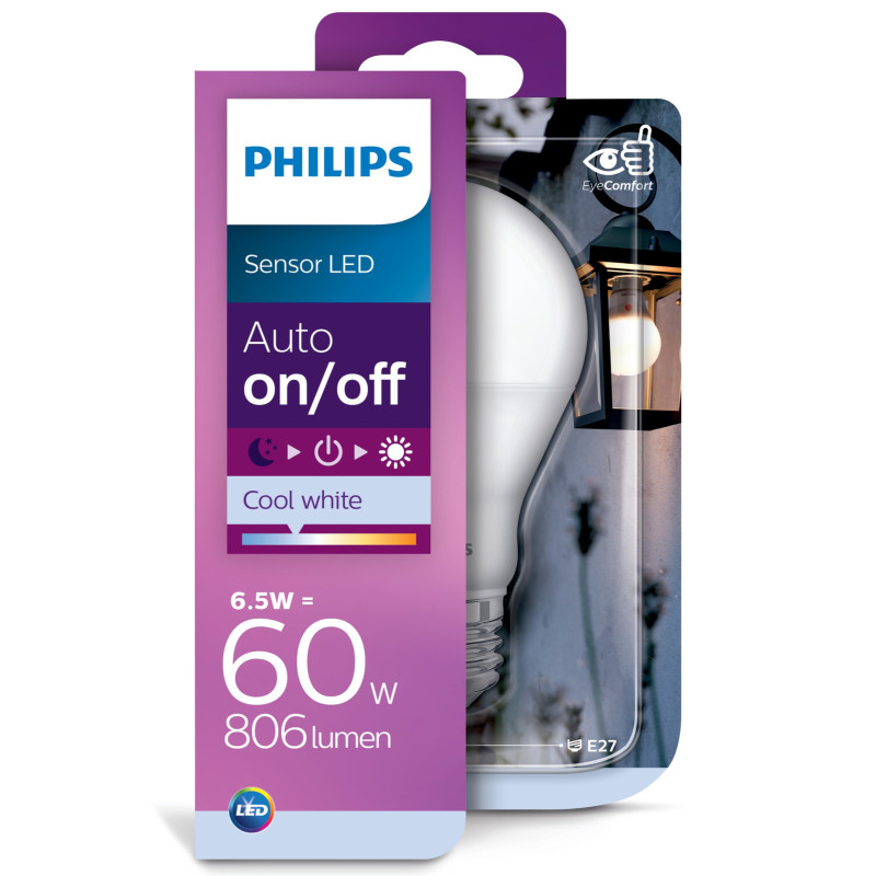 Bec LED Philips clasic A60 E27 6.5W 806lm lumina neutra 4000 K, cu senzor de lumina