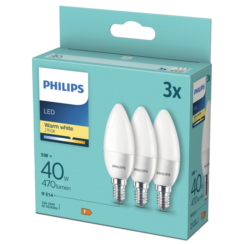 Bec LED Philips lumanare B35 E14 5W 470lm lumina calda 2700 K - 3 buc