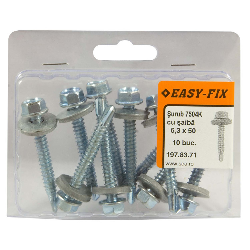 Surub autoforant pentru tabla, cu cap hexagonal + saiba EPDM, Easy-Fix, din otel, zincat alb, 6.3 x 50 mm, set 10 bucati